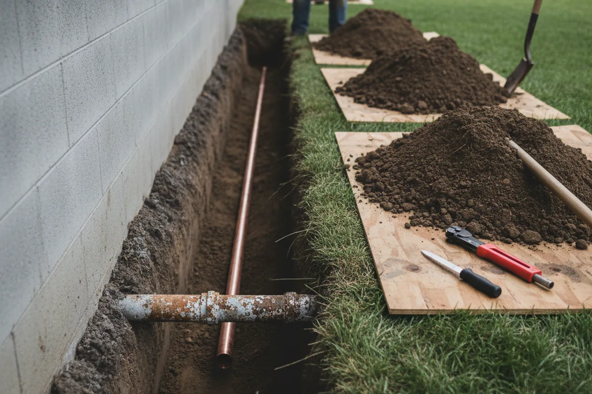 Excavated water line trench during Water Heater Repair in Seltzer